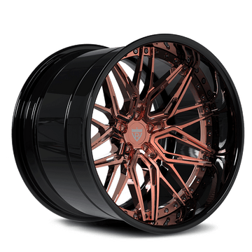 Custom deep dish RV-T081 rose gold forged wheel with a sleek black finish. Perfect for all vehicles.